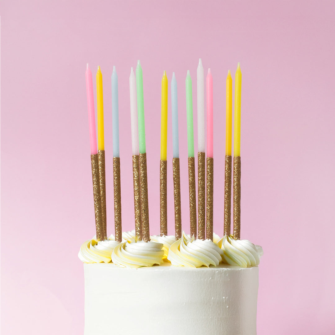 Gold Glitter Dipped Rainbow Candles - Pack of 12