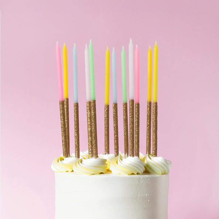 Gold Glitter Dipped Rainbow Candles - Pack of 12