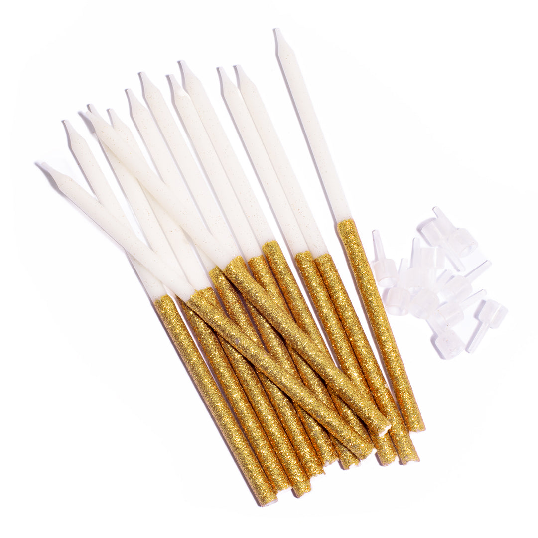 Gold Glitter Dipped White Candles - Pack of 12