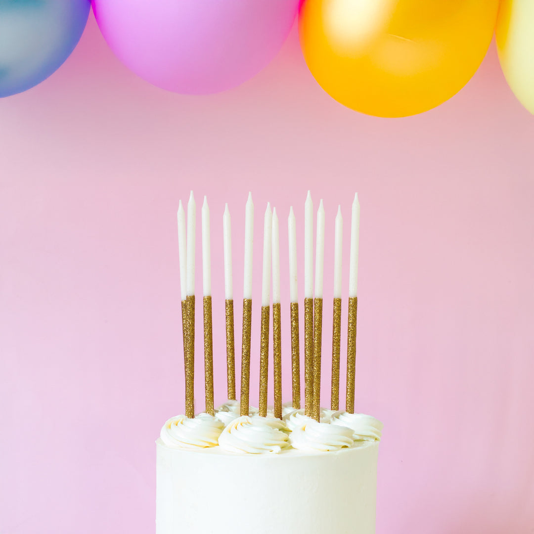 Gold Glitter Dipped White Candles - Pack of 12