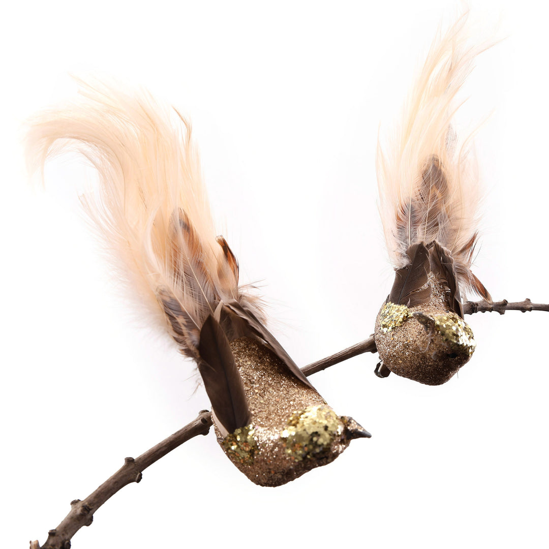 Gold Glitter &amp; Feathered Tail Bird Clip - Set of 2