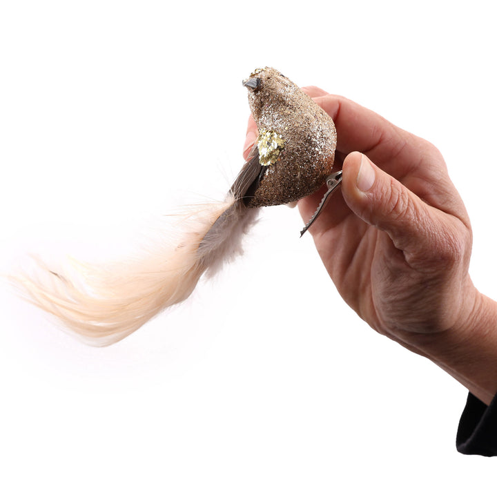 Gold Glitter &amp; Feathered Tail Bird Clip - Set of 2