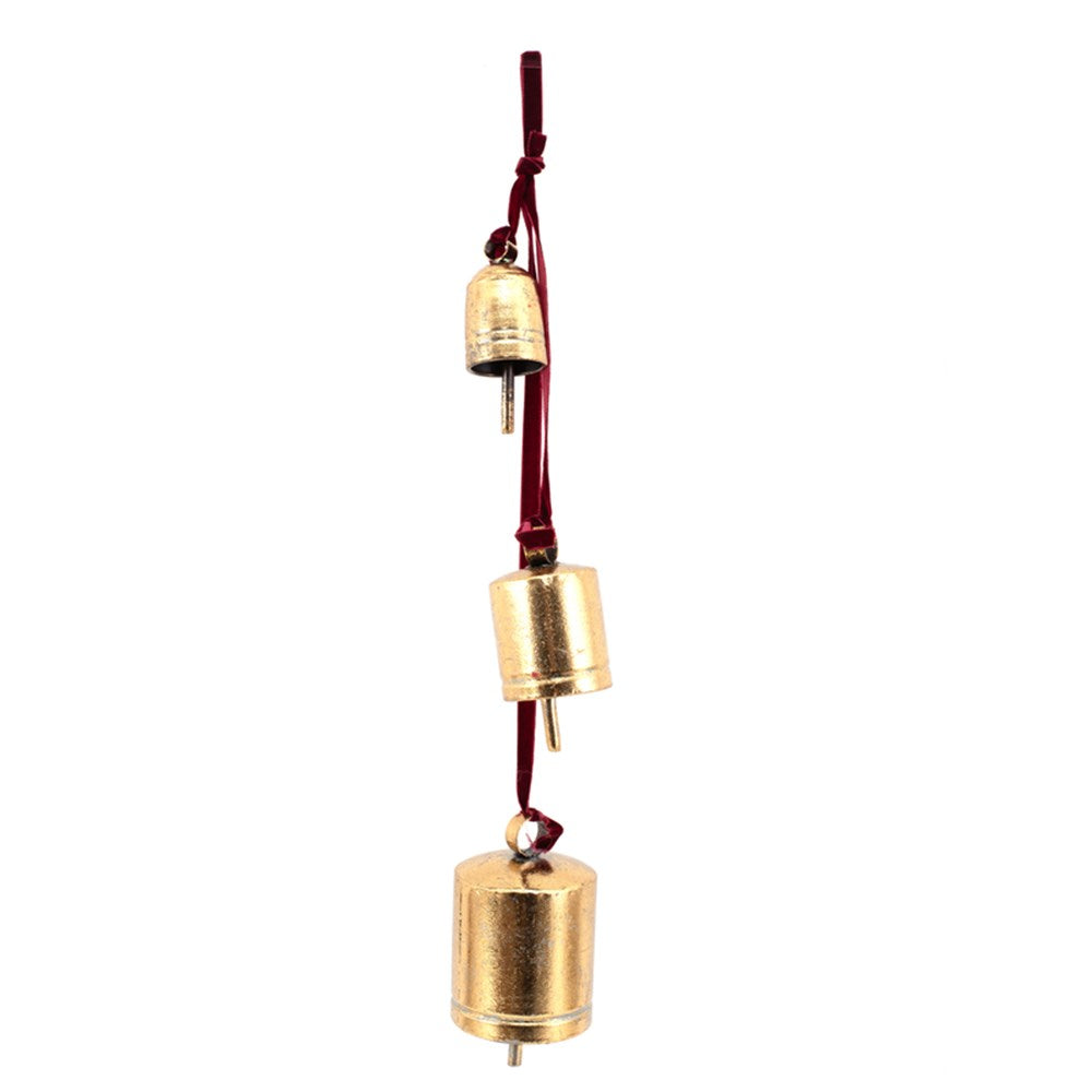 Gold Hanging Bell Trio with Burgundy Velvet Ribbon