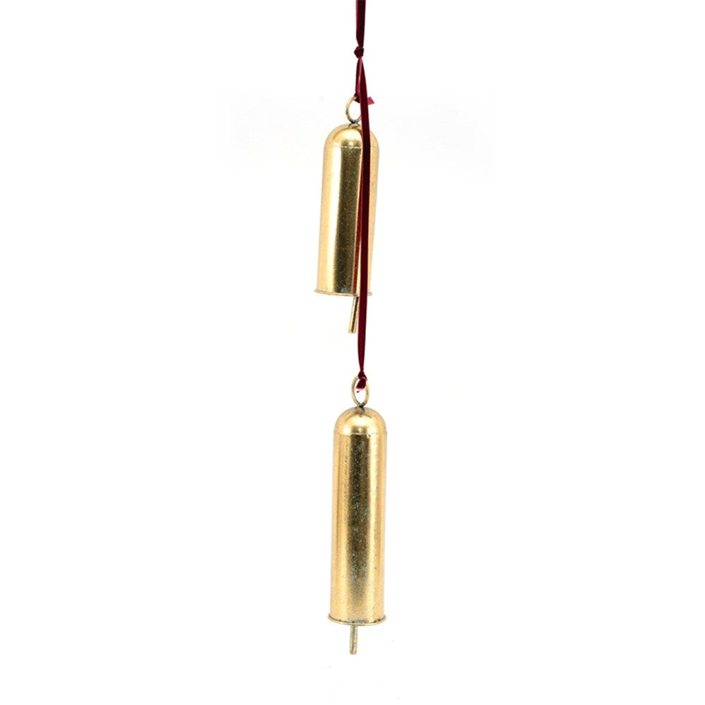 Gold Hanging Metal Bells with Burgundy Velvet Ribbon - Set of 2