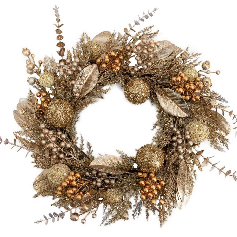 Gold Luxe Christmas Wreath with Berries and Baubles - 55cm(D)