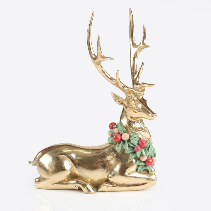 Gold Sitting Reindeer with Wreath around Neck - 35cm