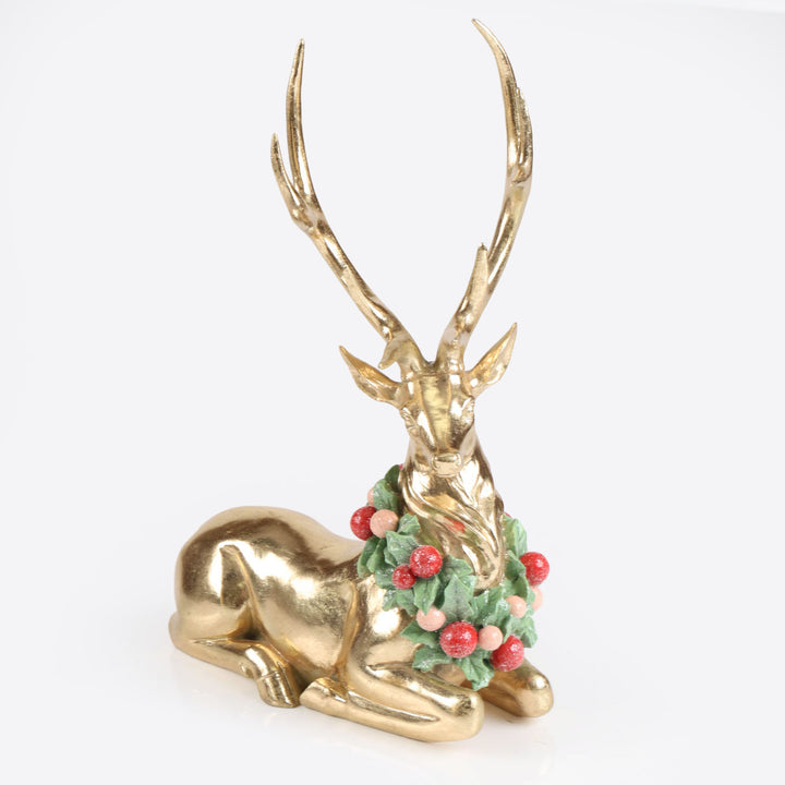 Gold Sitting Reindeer with Wreath around Neck - 35cm