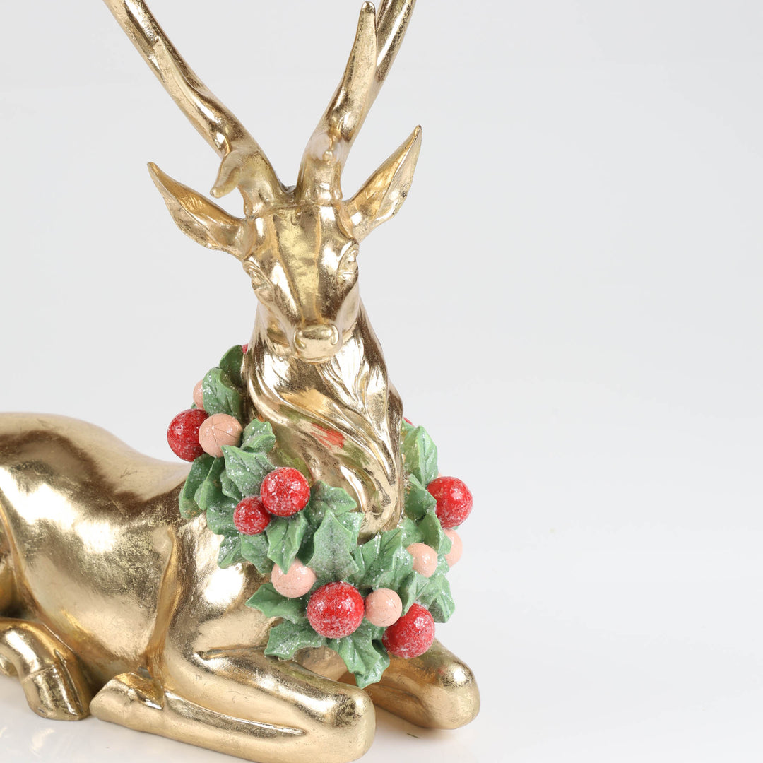 Gold Sitting Reindeer with Wreath around Neck - 35cm