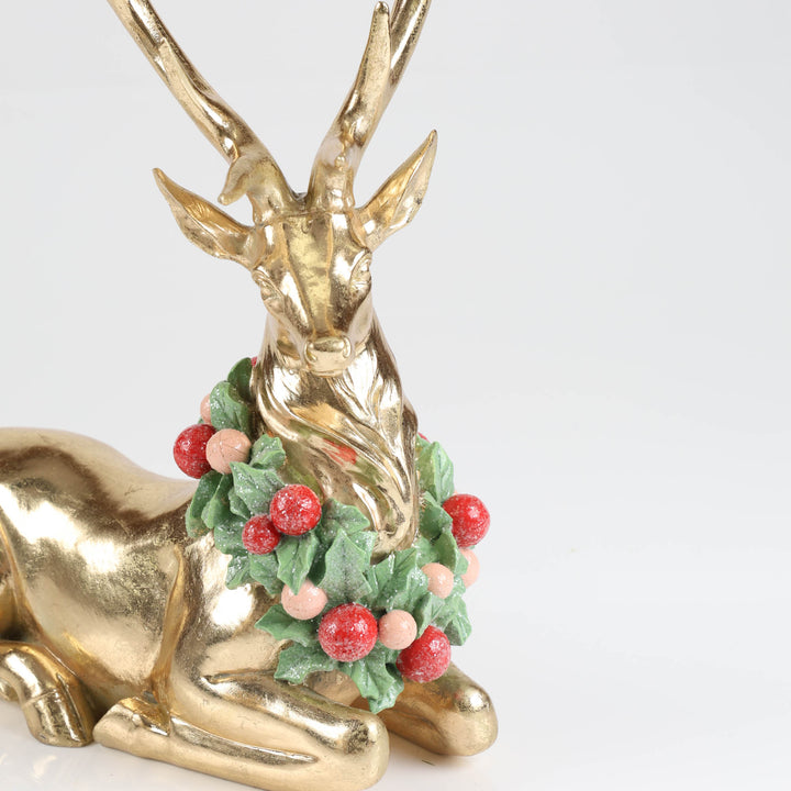 Gold Sitting Reindeer with Wreath around Neck - 35cm