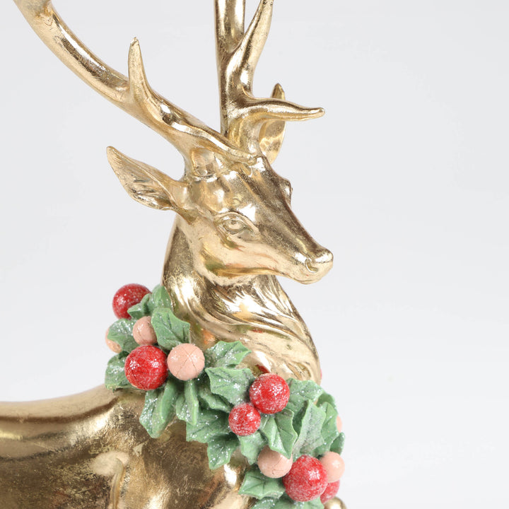 Gold Sitting Reindeer with Wreath around Neck - 35cm