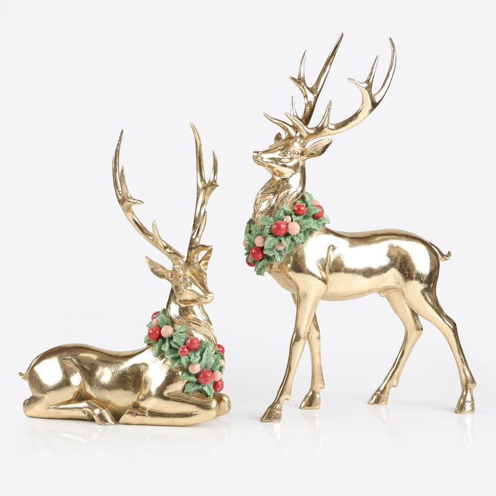 Gold Sitting Reindeer with Wreath around Neck - 35cm