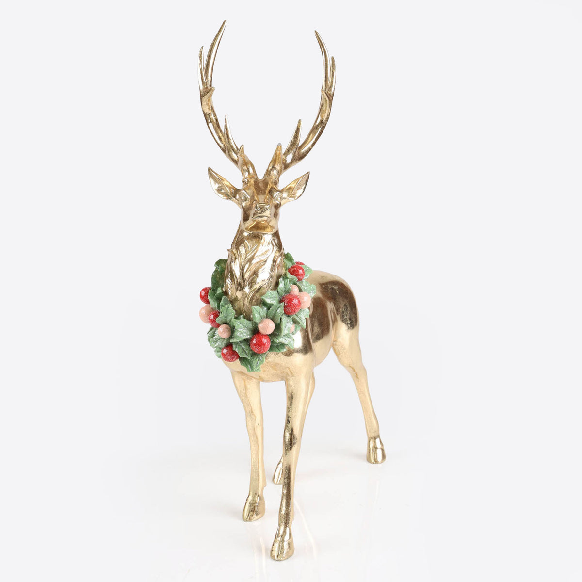 Gold Standing Reindeer with Wreath around Neck - 45cm
