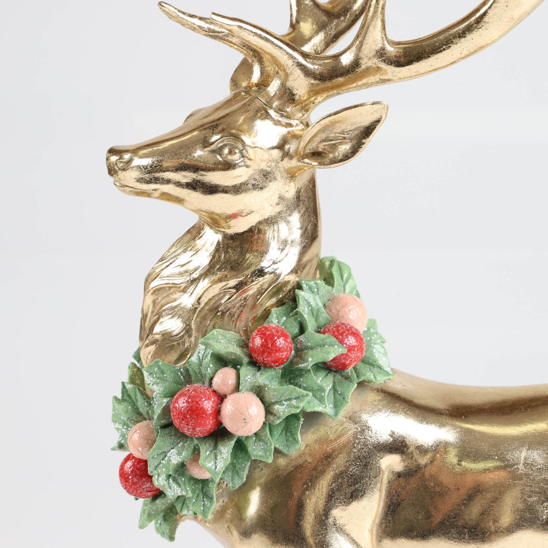 Gold Standing Reindeer with Wreath around Neck - 45cm