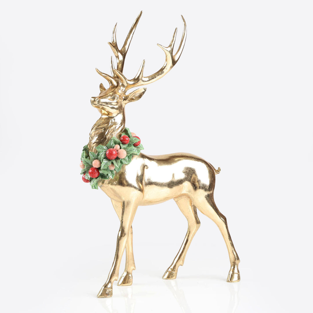 Gold Standing Reindeer with Wreath around Neck - 45cm