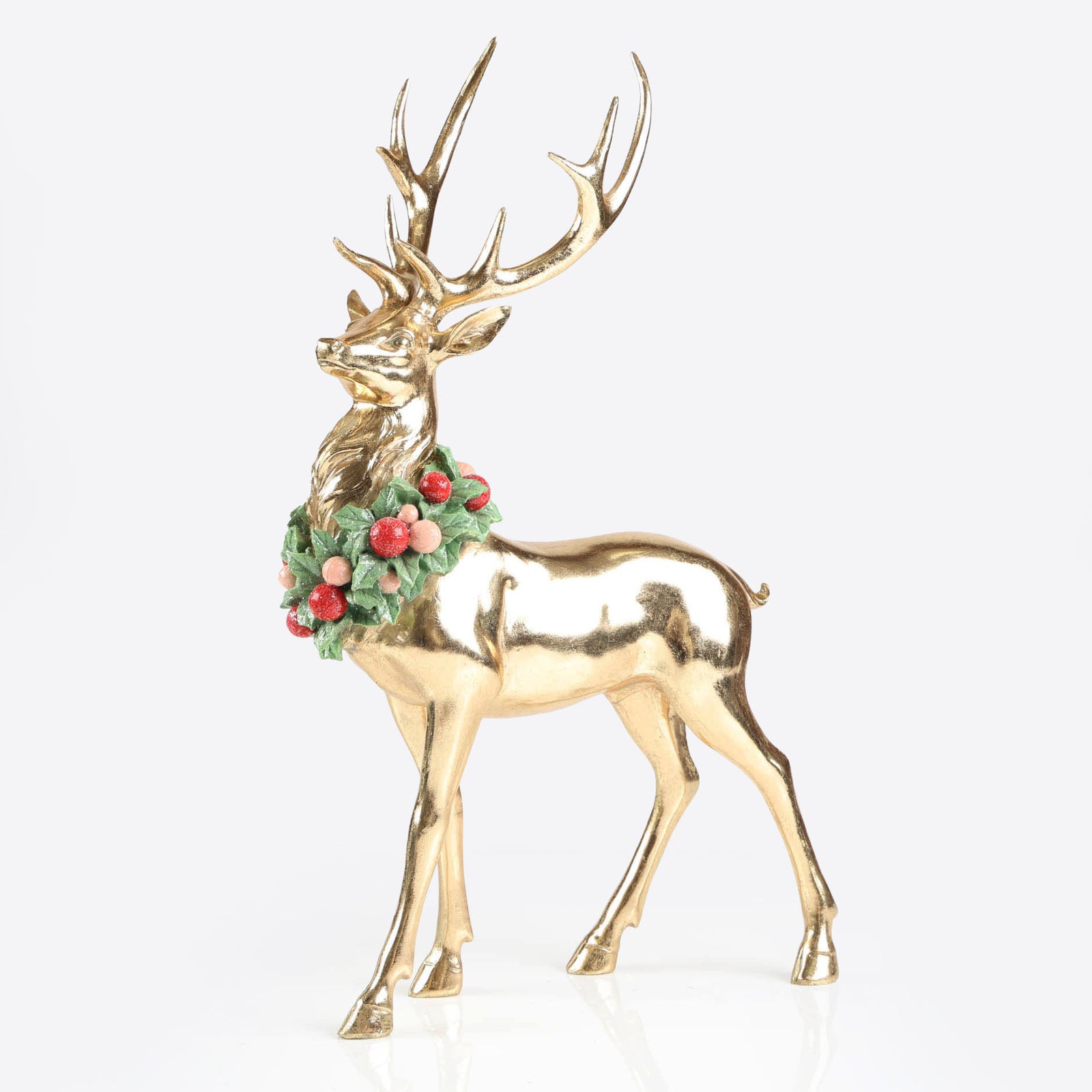 Gold Standing Reindeer with Wreath around Neck - 45cm