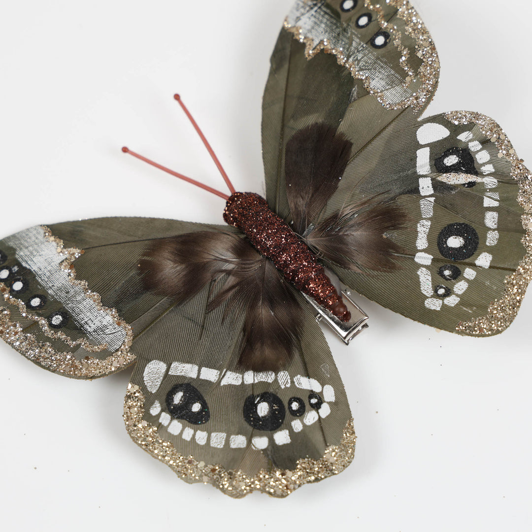 Green and Gold Feather Butterfly Clip - Set of 3