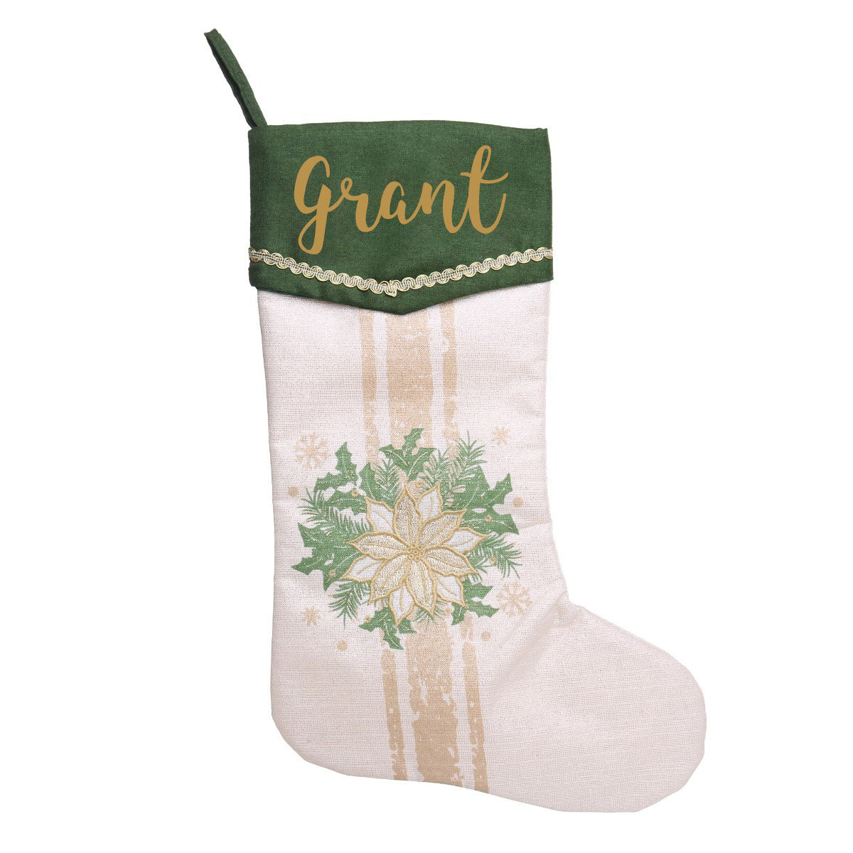 Personalised Green and Gold Poinsettia Christmas Stocking