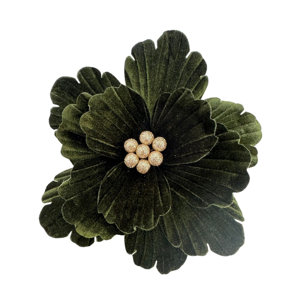 Green Flocked Magnolia Flower with Gold Glitter Detail
