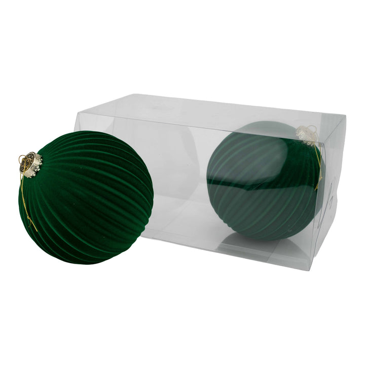Green Flocked Stripe 15cm Bauble - Set of 2