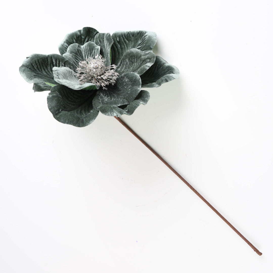 Green Magnolia Flower Stem with Silver SIlver Centre - 50cm