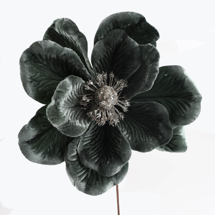 Green Magnolia Flower Stem with Silver SIlver Centre - 50cm