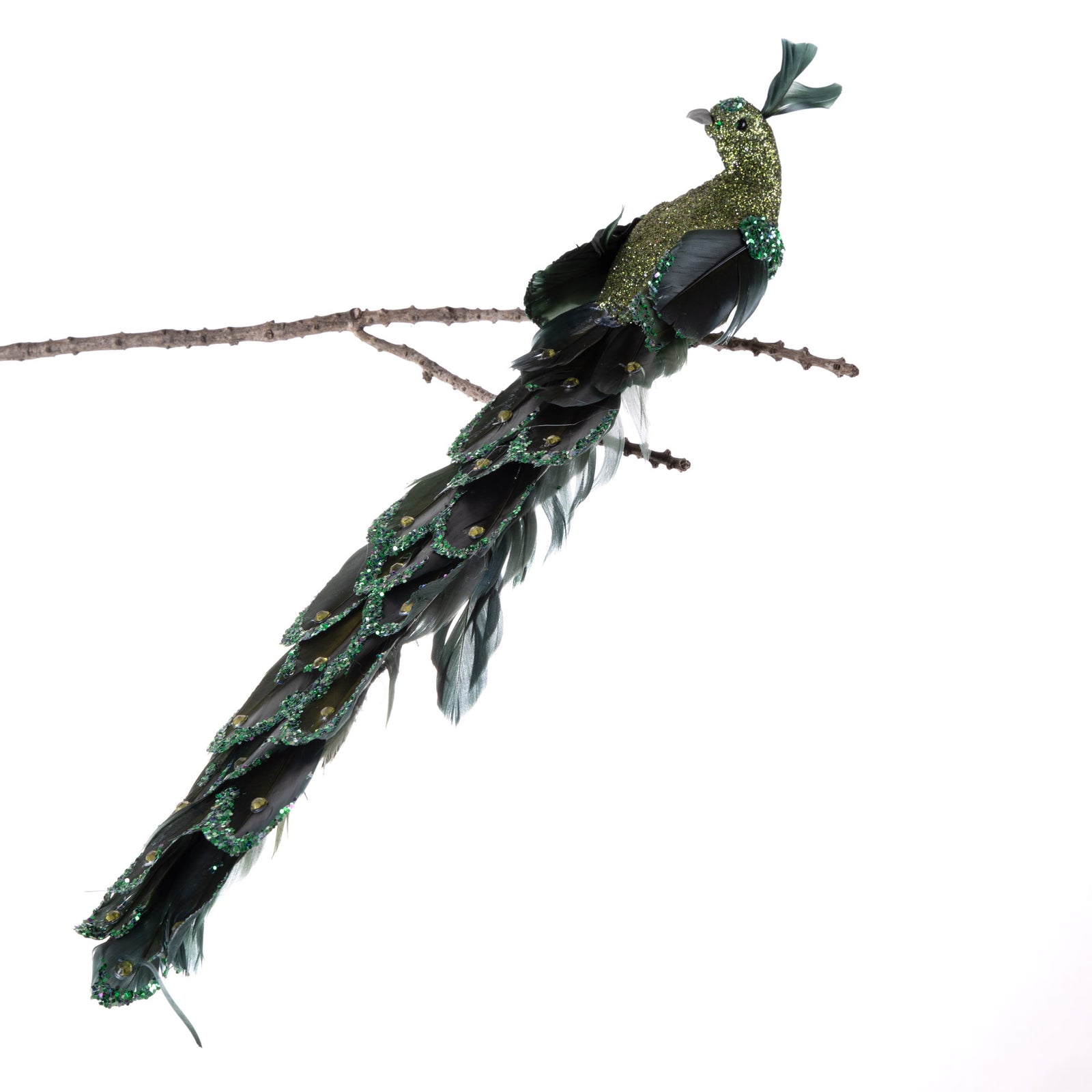 Green Peacock Clip with Silver Pearls and Glitter