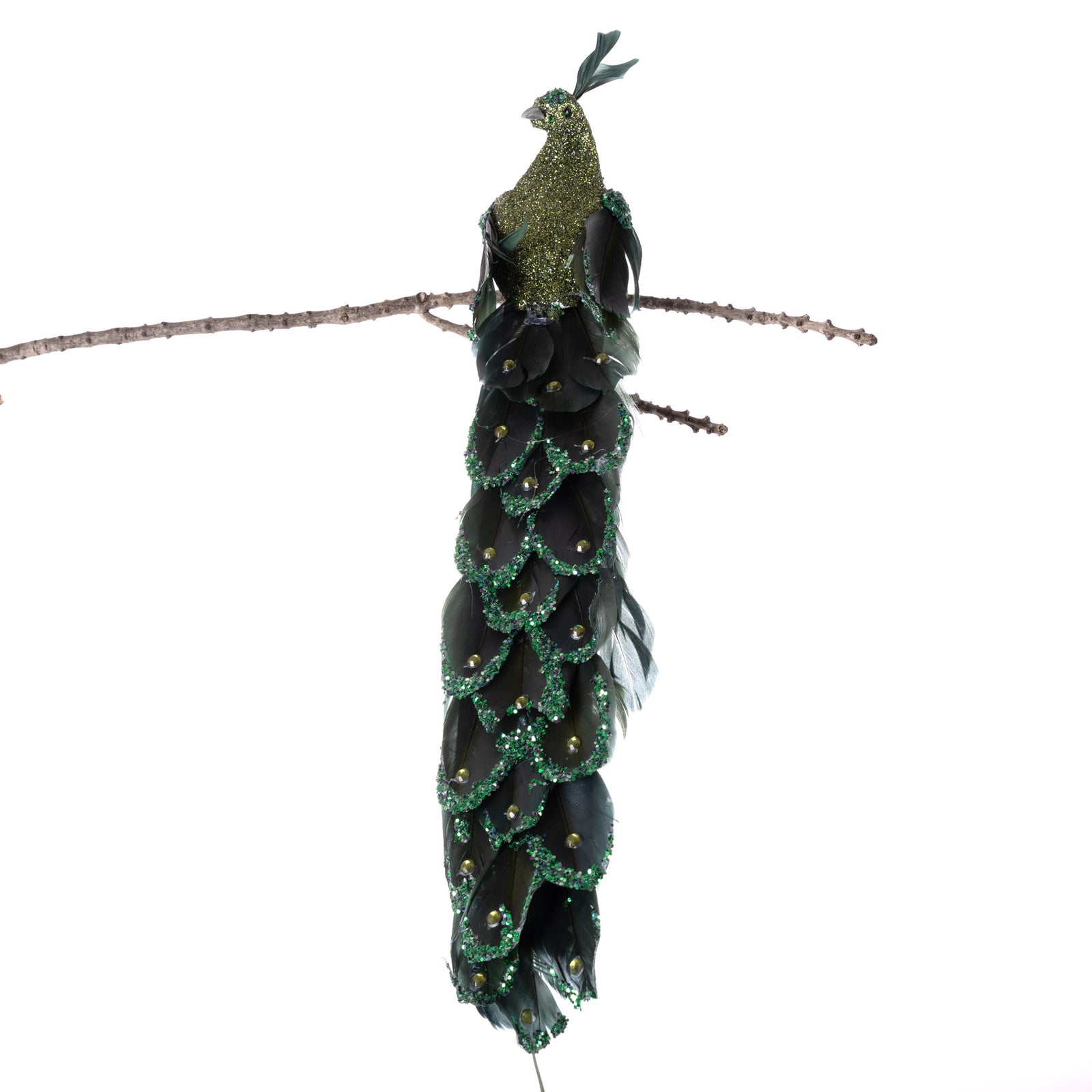 Green Peacock Clip with Silver Pearls and Glitter