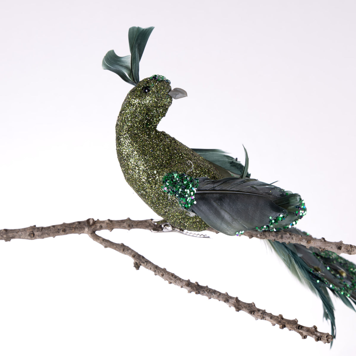 Green Peacock Clip with Silver Pearls and Glitter