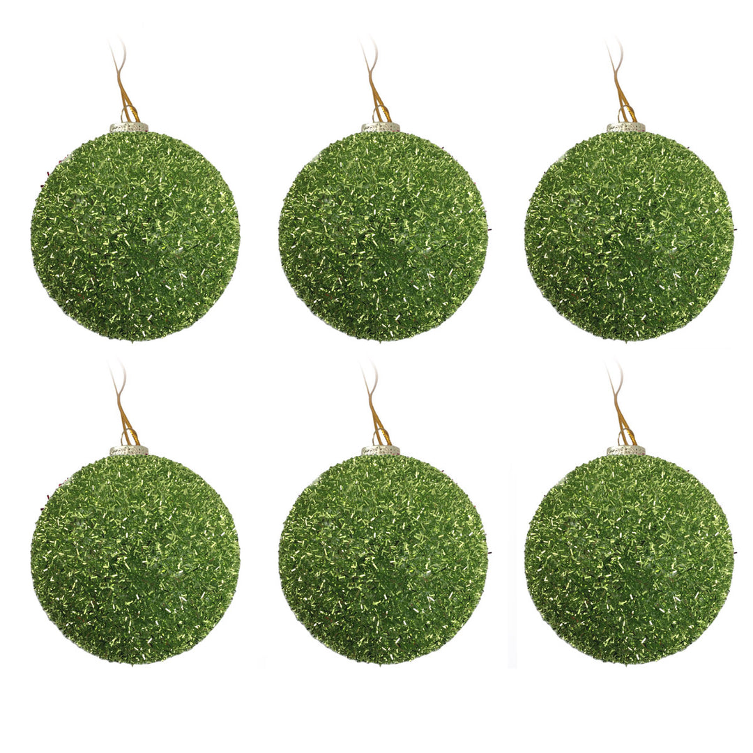 Small Green Tinsel Bauble Christmas Tree Decoration 7.5cm - Set of 6