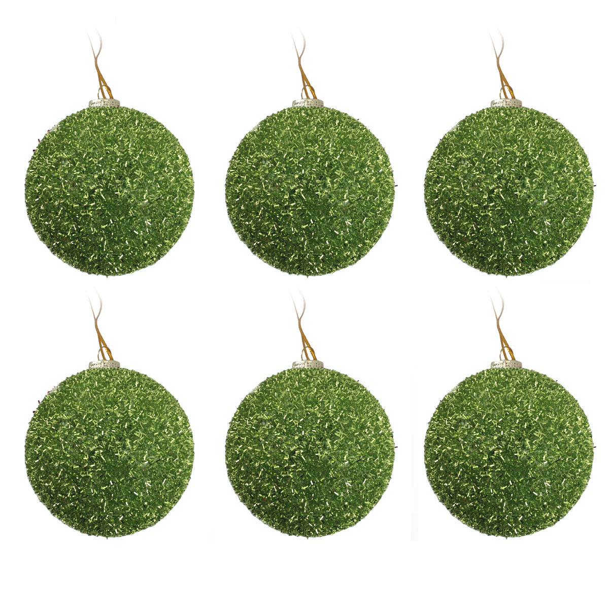 Small Green Tinsel Bauble Christmas Tree Decoration 7.5cm - Set of 6