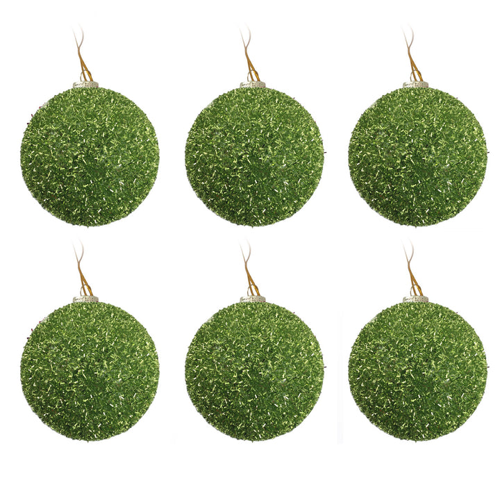 Small Green Tinsel Bauble Christmas Tree Decoration 7.5cm - Set of 6