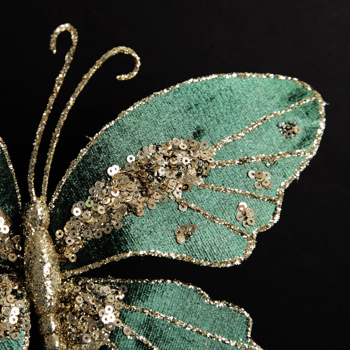 Green Velour and Glitter Butterfly Clip