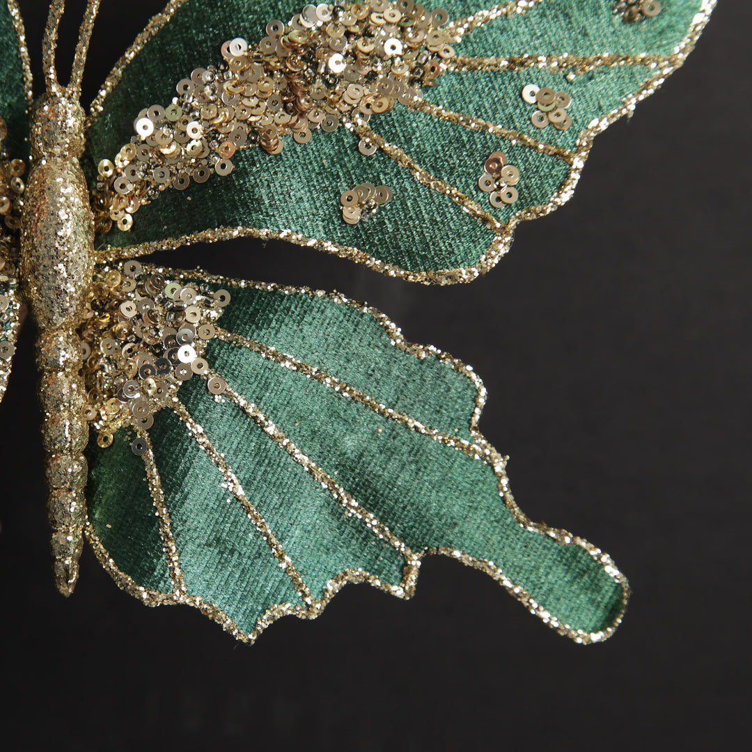 Green Velour and Glitter Butterfly Clip