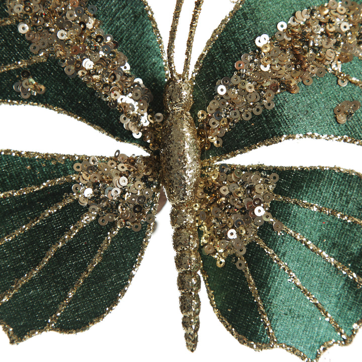 Green Velour and Glitter Butterfly Clip