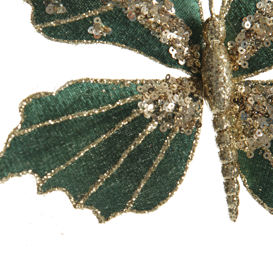 Green Velour and Glitter Butterfly Clip