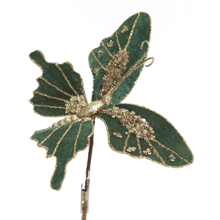 Green Velour and Glitter Butterfly Clip