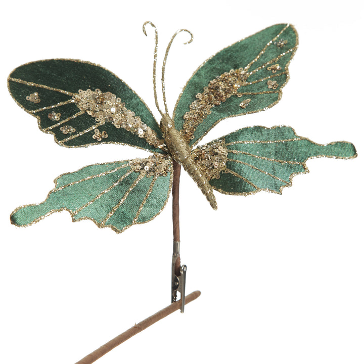 Green Velour and Glitter Butterfly Clip