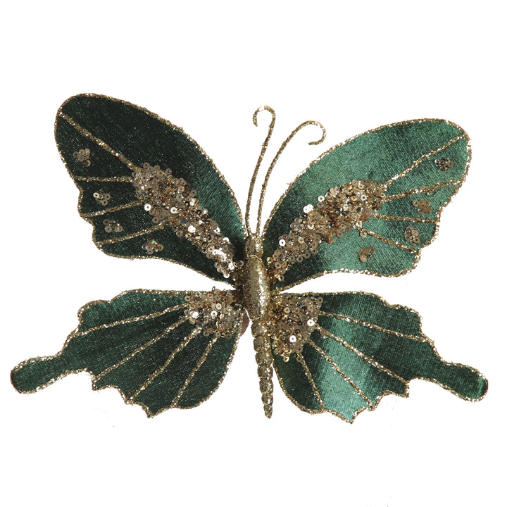 Green Velour and Glitter Butterfly Clip