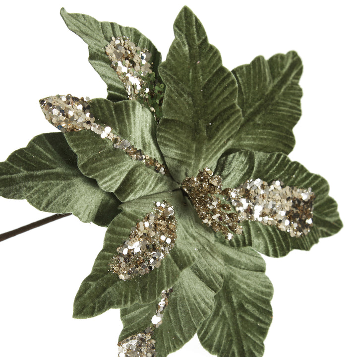 Green Velvet with Gold Sequins Poinsettia Flower Stem