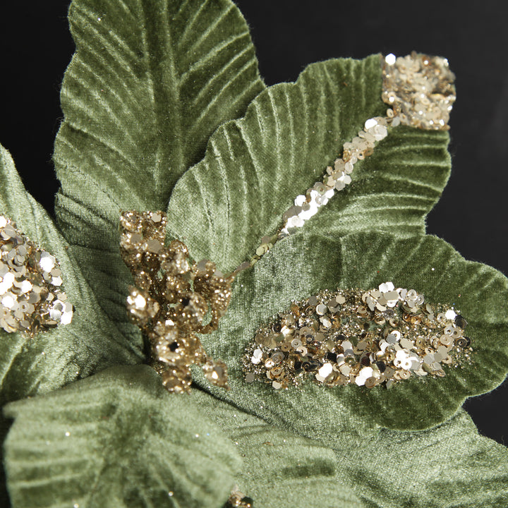 Green Velvet with Gold Sequins Poinsettia Flower Stem