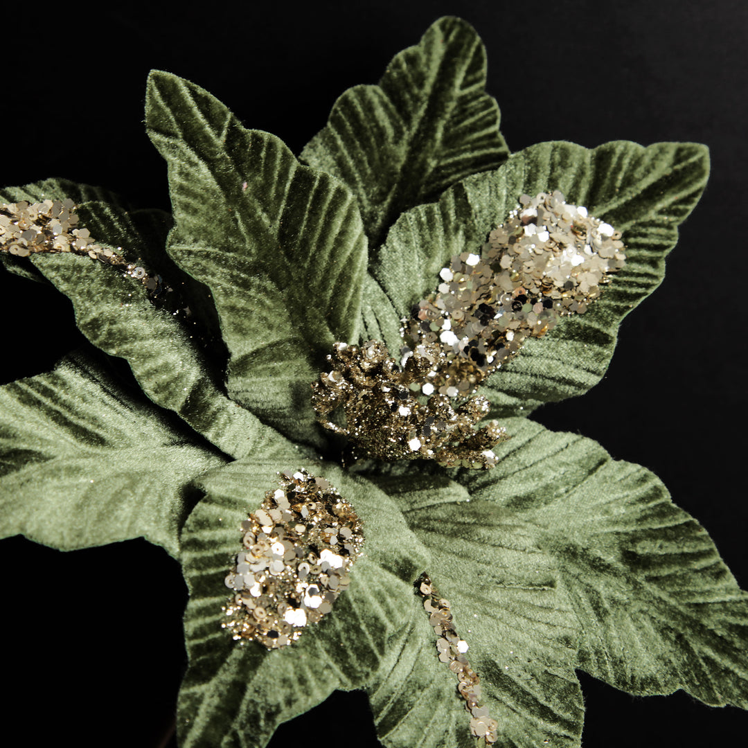 Green Velvet with Gold Sequins Poinsettia Flower Stem