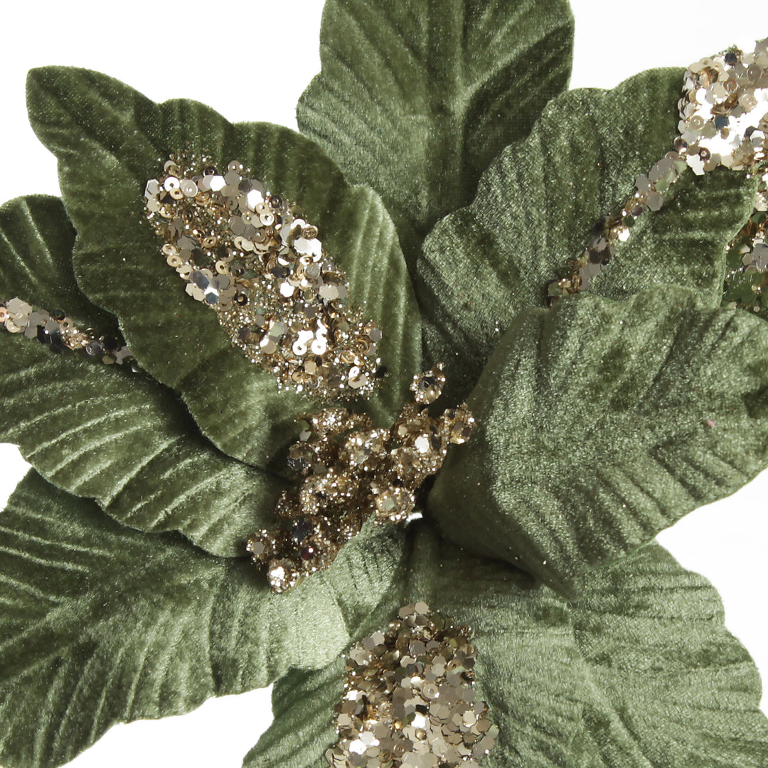 Green Velvet with Gold Sequins Poinsettia Flower Stem