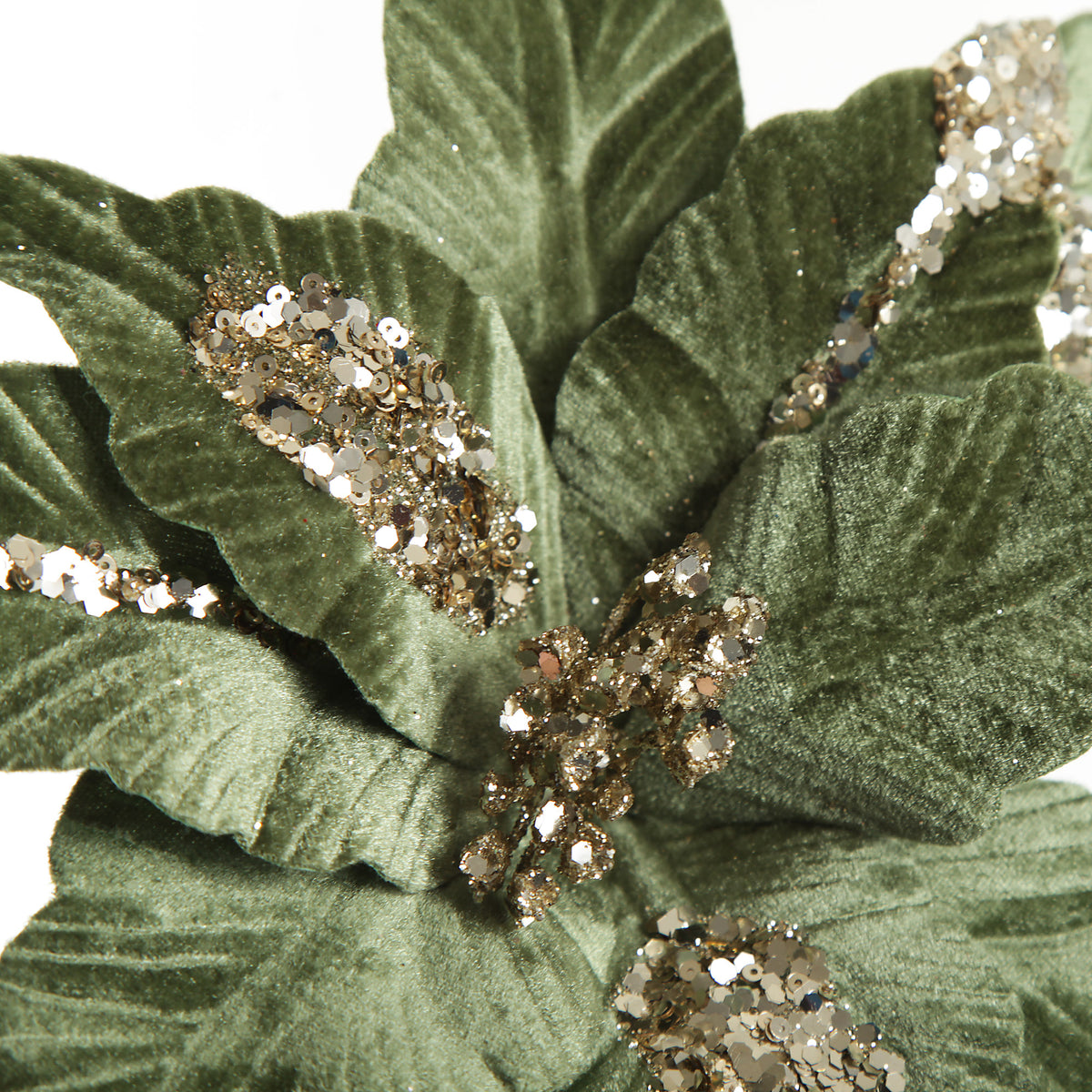 Green Velvet with Gold Sequins Poinsettia Flower Stem