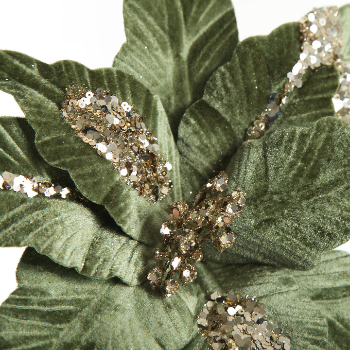 Green Velvet with Gold Sequins Poinsettia Flower Stem