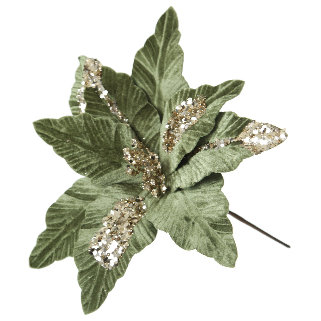 Green Velvet with Gold Sequins Poinsettia Flower Stem