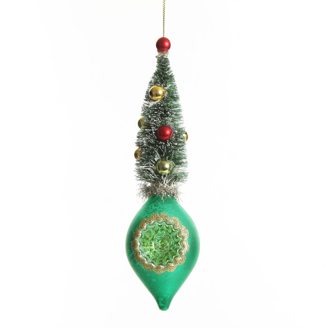 Green Vintage Glass Christmas Finial with Tree