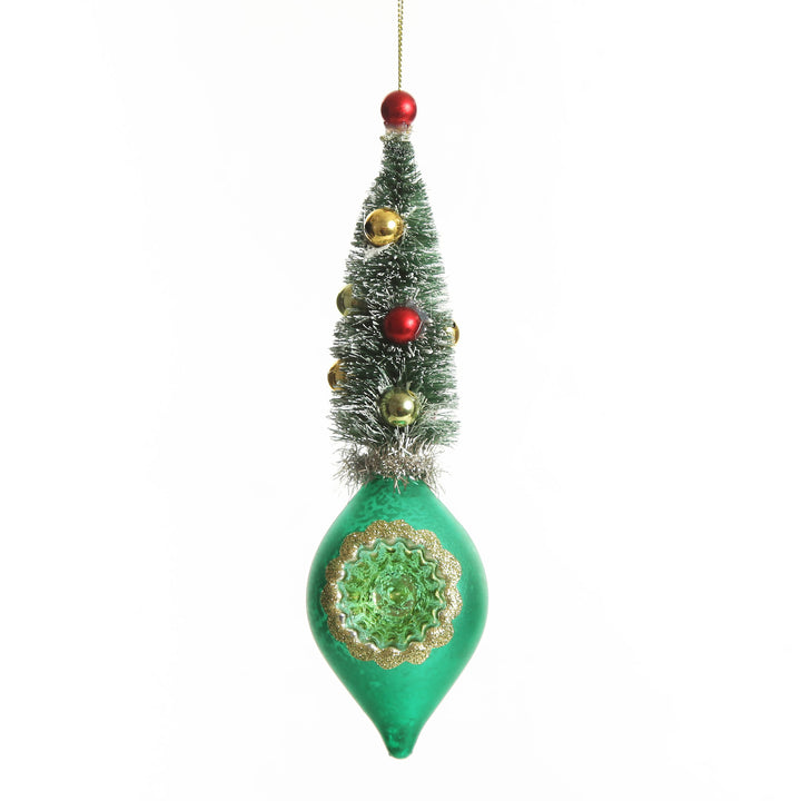 Green Vintage Glass Christmas Finial with Tree