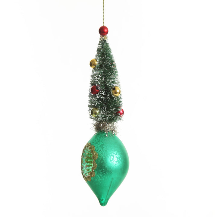 Green Vintage Glass Christmas Finial with Tree