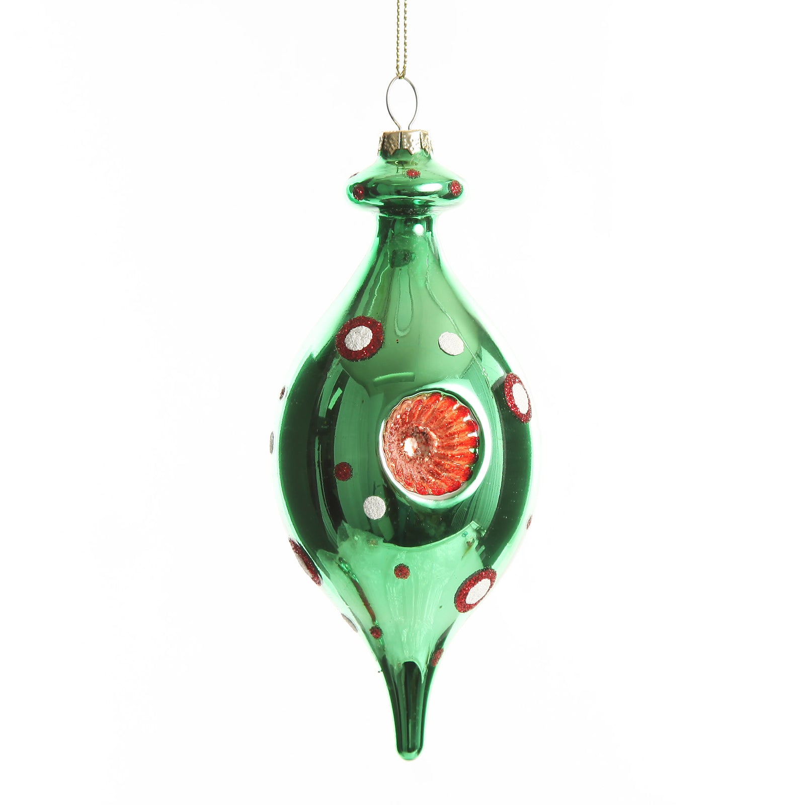 Green Vintage Glass Christmas Long Finial with Dots