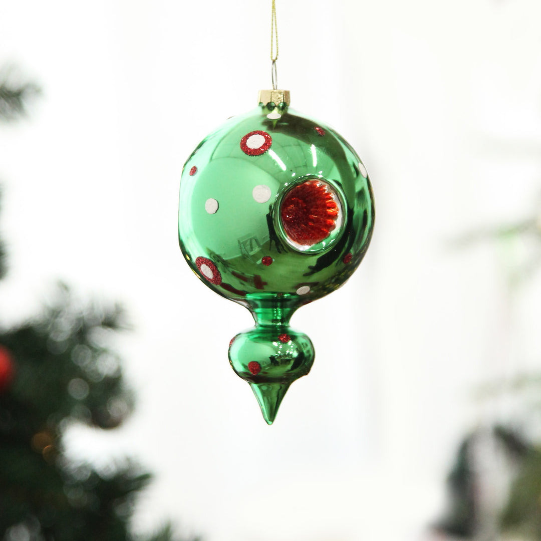 Green Vintage Glass Christmas Round Finial with Dots